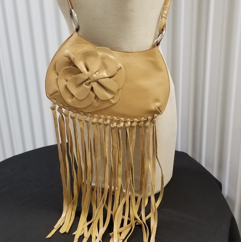 Fringe boho crossbody bag tan leather with flower